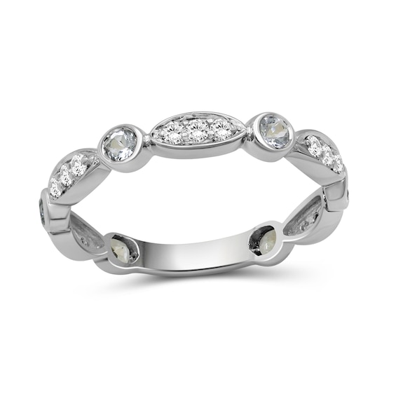 Alternating Aquamarine and White Lab-Created Zircon Trio with Marquise Frame Art Deco Ring in Sterling Silver