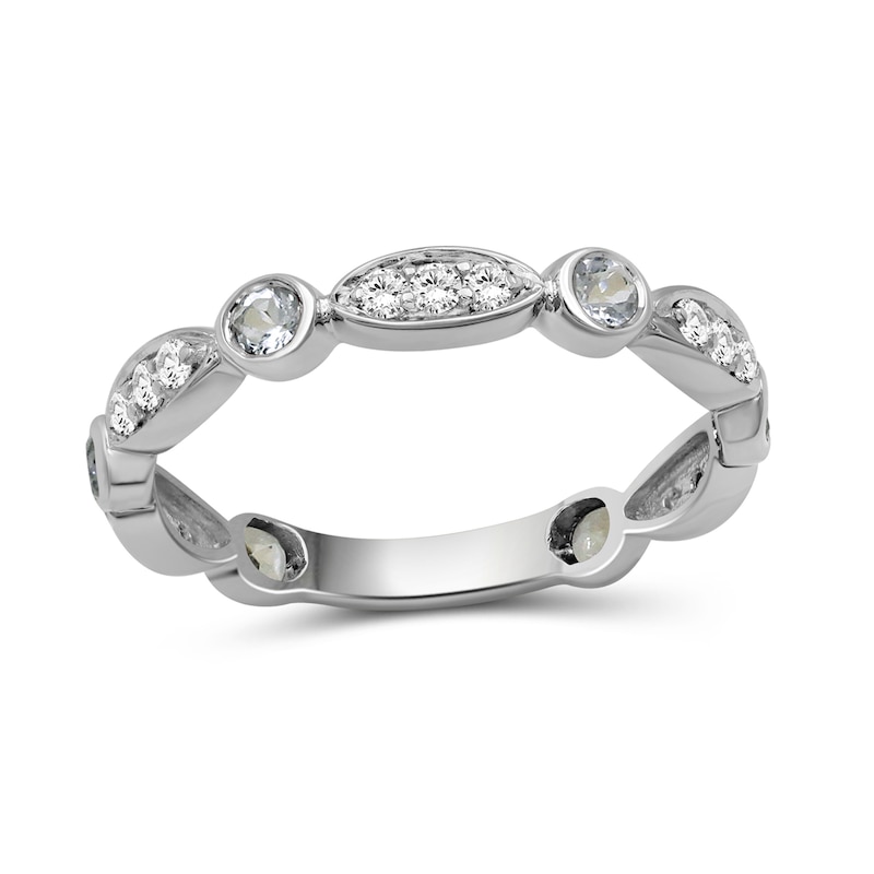 Main Image 1 of Alternating Aquamarine and White Lab-Created Zircon Trio with Marquise Frame Art Deco Ring in Sterling Silver