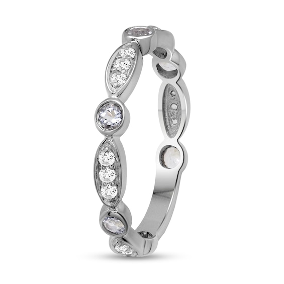 Alternating Aquamarine and White Lab-Created Zircon Trio with Marquise Frame Art Deco Ring in Sterling Silver