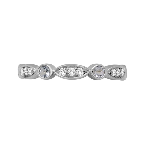 Alternating Aquamarine and White Lab-Created Zircon Trio with Marquise Frame Art Deco Ring in Sterling Silver