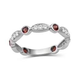 Alternating Garnet and White Lab-Created Zircon Trio with Marquise Frame Art Deco Ring in Sterling Silver