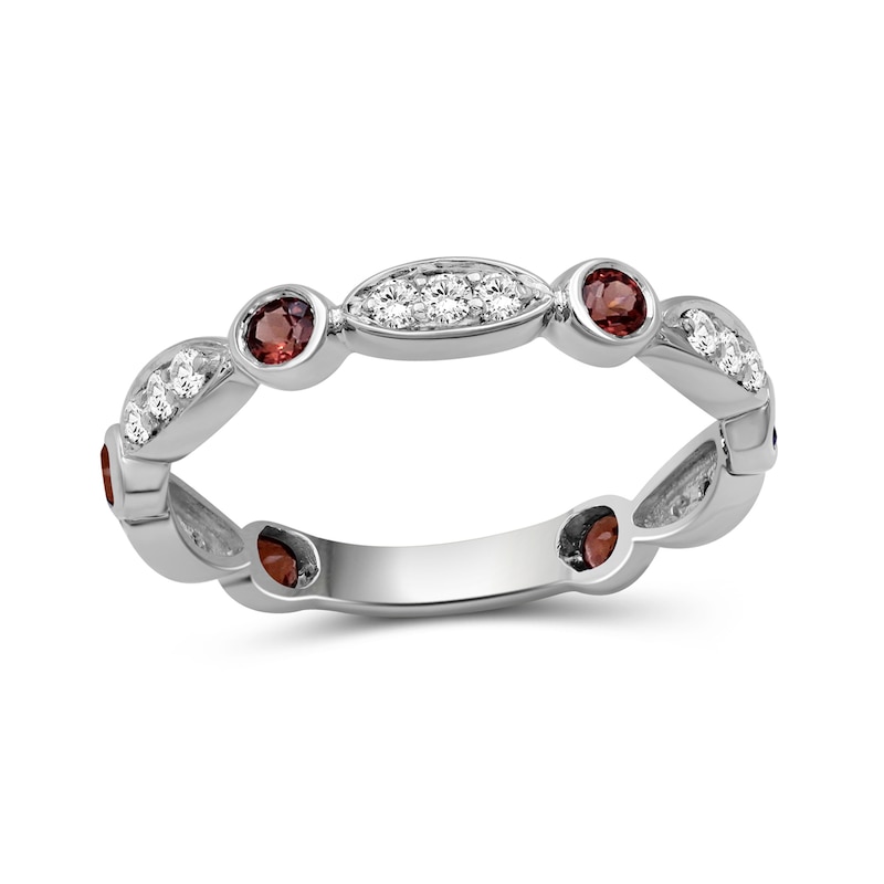 Main Image 1 of Alternating Garnet and White Lab-Created Zircon Trio with Marquise Frame Art Deco Ring in Sterling Silver