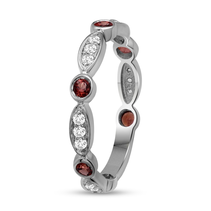 Main Image 3 of Alternating Garnet and White Lab-Created Zircon Trio with Marquise Frame Art Deco Ring in Sterling Silver