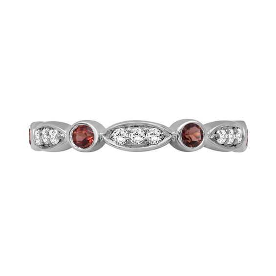 Alternating Garnet and White Lab-Created Zircon Trio with Marquise Frame Art Deco Ring in Sterling Silver