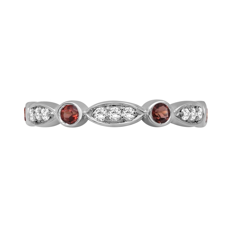 Main Image 4 of Alternating Garnet and White Lab-Created Zircon Trio with Marquise Frame Art Deco Ring in Sterling Silver