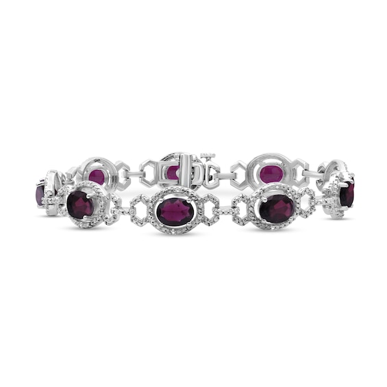 Oval Garnet and 1/20 CT. T.w. Diamond Beaded Buckle-Style Line Bracelet in Sterling Silver - 7.5"