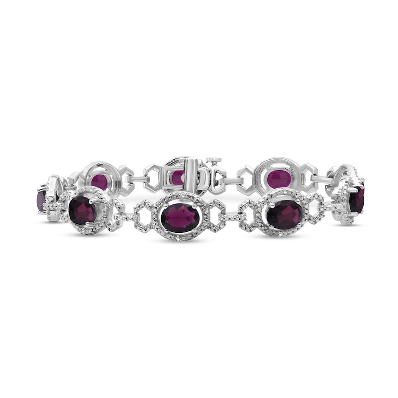Main Image 1 of Oval Garnet and 1/20 CT. T.W. Diamond Beaded Buckle-Style Line Bracelet in Sterling Silver - 7.5"