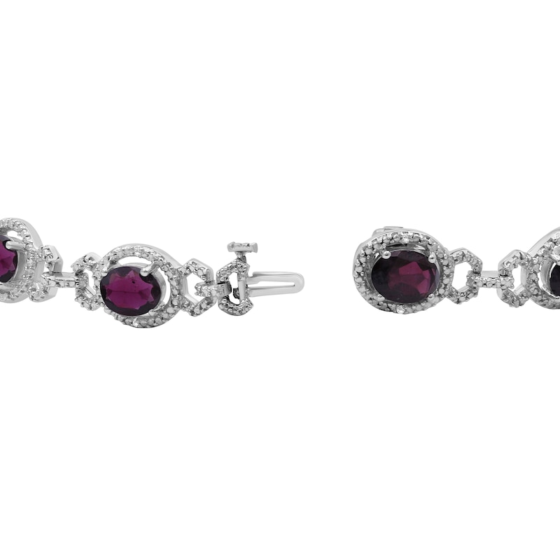 Main Image 3 of Oval Garnet and 1/20 CT. T.W. Diamond Beaded Buckle-Style Line Bracelet in Sterling Silver - 7.5"