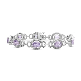 Oval Pink Quartz and 1/20 CT. T.W. Diamond Beaded Buckle-Style Line Bracelet in Sterling Silver - 7.5"