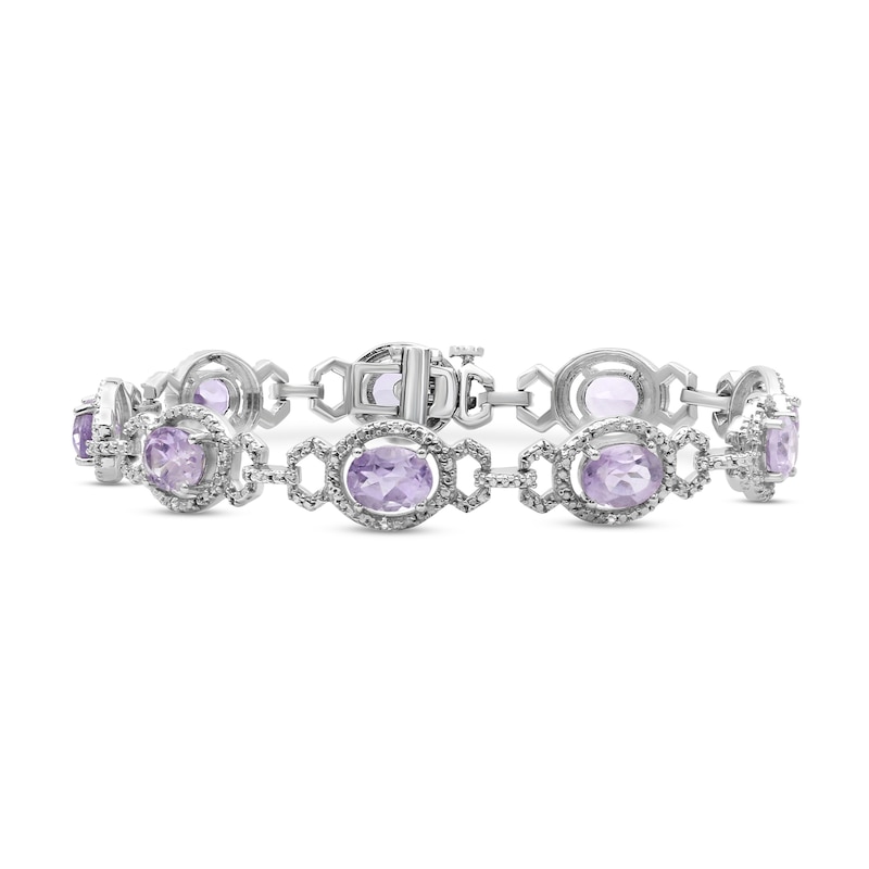 Main Image 1 of Oval Pink Quartz and 1/20 CT. T.W. Diamond Beaded Buckle-Style Line Bracelet in Sterling Silver - 7.5"