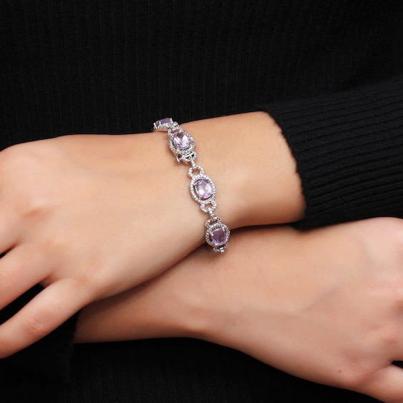 Oval Pink Quartz and 1/20 CT. T.w. Diamond Beaded Buckle-Style Line Bracelet in Sterling Silver - 7.5"