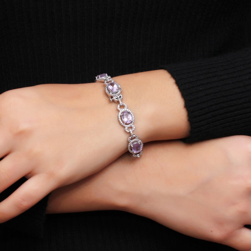 Main Image 2 of Oval Pink Quartz and 1/20 CT. T.W. Diamond Beaded Buckle-Style Line Bracelet in Sterling Silver - 7.5"