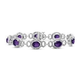 Oval Amethyst and 1/20 CT. T.W. Diamond Beaded Buckle-Style Line Bracelet in Sterling Silver - 7.5"