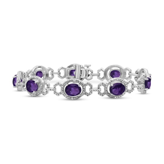 Oval Amethyst and 1/20 CT. T.w. Diamond Beaded Buckle-Style Line Bracelet in Sterling Silver - 7.5"