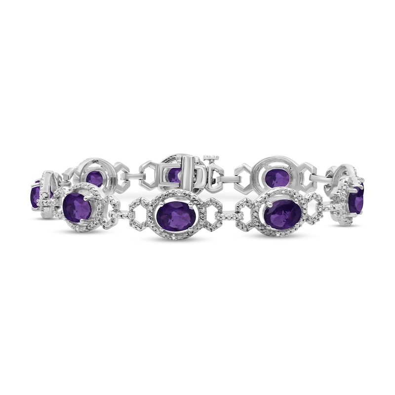 Main Image 1 of Oval Amethyst and 1/20 CT. T.W. Diamond Beaded Buckle-Style Line Bracelet in Sterling Silver - 7.5"