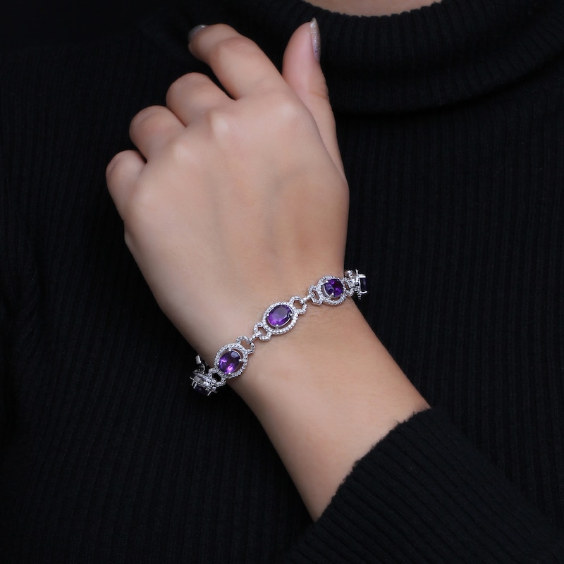 Main Image 2 of Oval Amethyst and 1/20 CT. T.W. Diamond Beaded Buckle-Style Line Bracelet in Sterling Silver - 7.5"