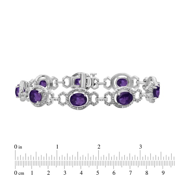 Oval Amethyst and 1/20 CT. T.w. Diamond Beaded Buckle-Style Line Bracelet in Sterling Silver - 7.5"