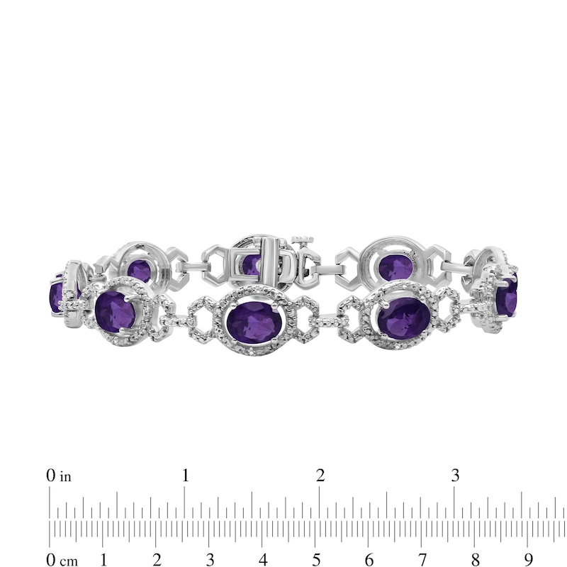 Main Image 4 of Oval Amethyst and 1/20 CT. T.W. Diamond Beaded Buckle-Style Line Bracelet in Sterling Silver - 7.5"