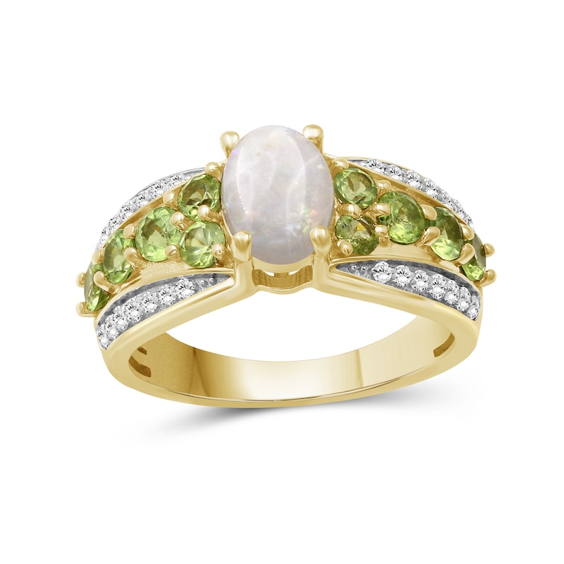 Main Image 1 of Oval Opal and Peridot with White Lab-Created Zircon Triple Row Tapered Shank Ring in Sterling Silver with 14K Gold Plate