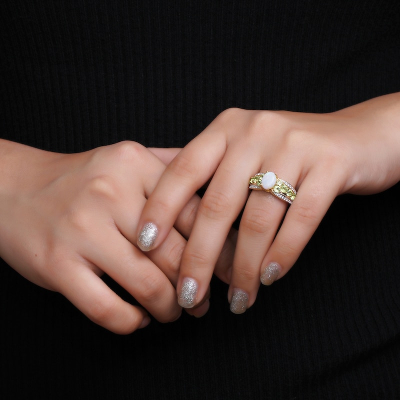 Main Image 2 of Oval Opal and Peridot with White Lab-Created Zircon Triple Row Tapered Shank Ring in Sterling Silver with 14K Gold Plate