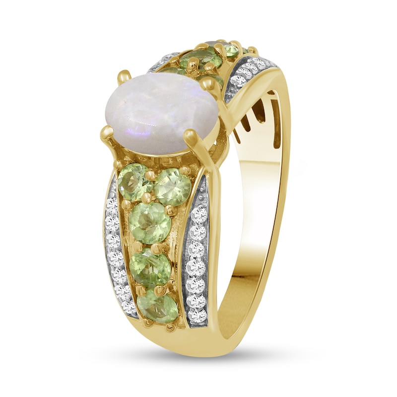 Main Image 3 of Oval Opal and Peridot with White Lab-Created Zircon Triple Row Tapered Shank Ring in Sterling Silver with 14K Gold Plate