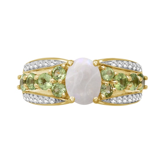 Oval Opal and Peridot with White Lab-Created Zircon Triple Row Tapered Shank Ring in Sterling Silver with 14K Gold Plate