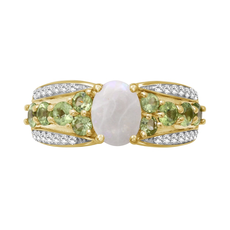 Main Image 4 of Oval Opal and Peridot with White Lab-Created Zircon Triple Row Tapered Shank Ring in Sterling Silver with 14K Gold Plate
