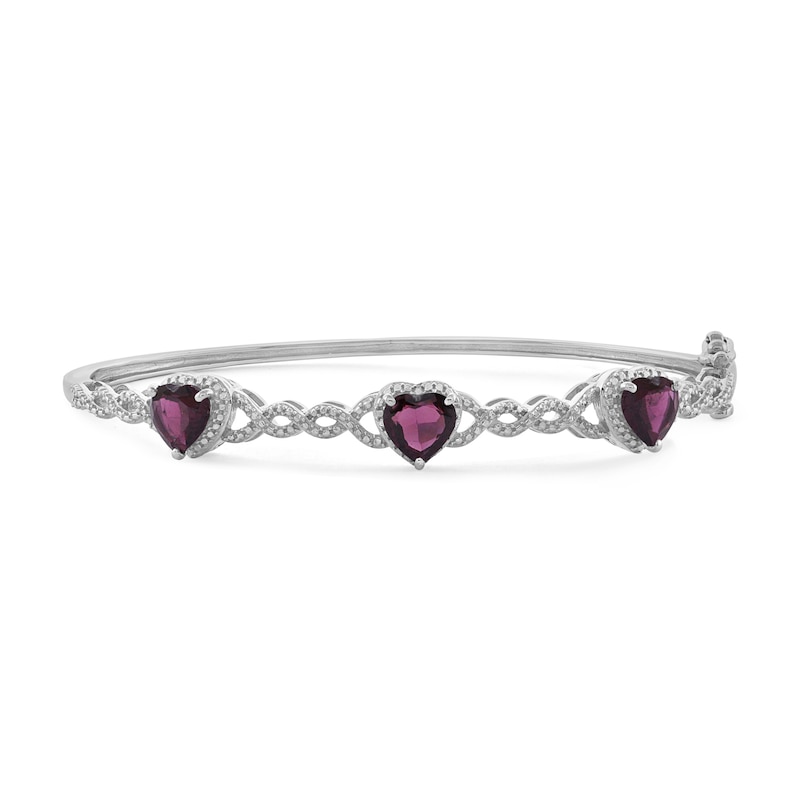 Main Image 1 of 7.0mm Heart-Shaped Garnet and Diamond Accent Beaded Cascading Three Stone Bangle in Sterling Silver