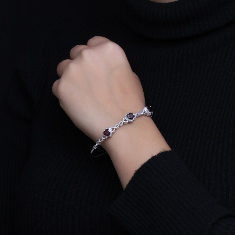 Main Image 2 of 7.0mm Heart-Shaped Garnet and Diamond Accent Beaded Cascading Three Stone Bangle in Sterling Silver
