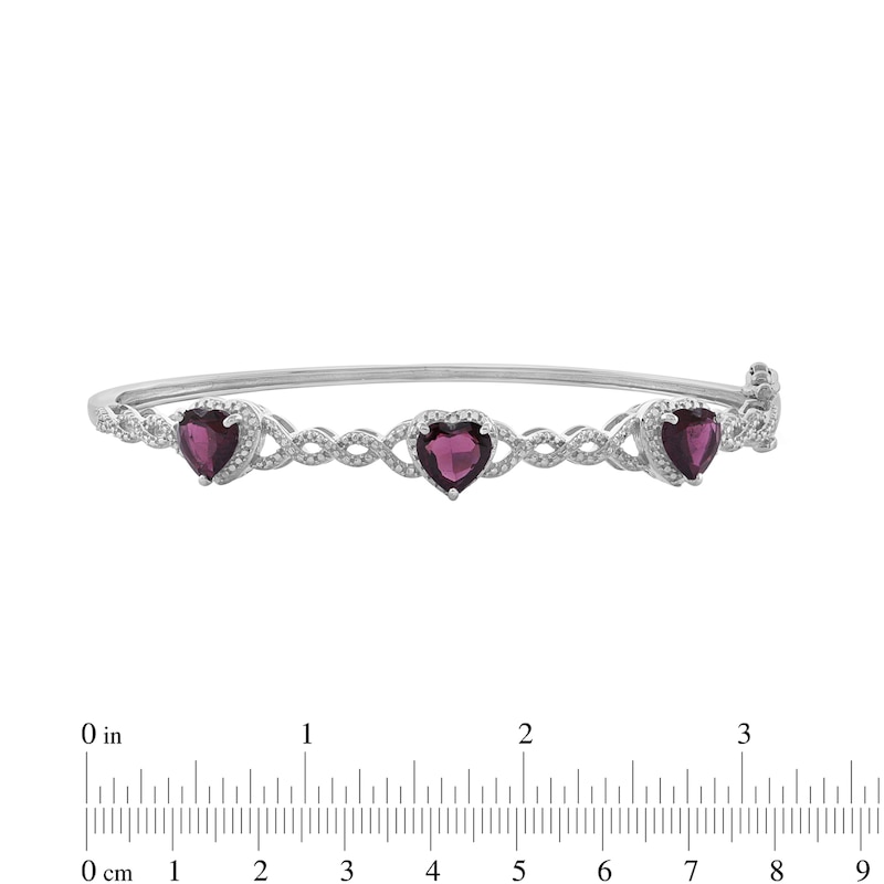 Main Image 4 of 7.0mm Heart-Shaped Garnet and Diamond Accent Beaded Cascading Three Stone Bangle in Sterling Silver