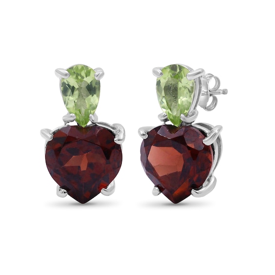 Heart-Shaped Garnet and Pear-Shaped Peridot Stacked Duo Drop Earrings in Sterling Silver