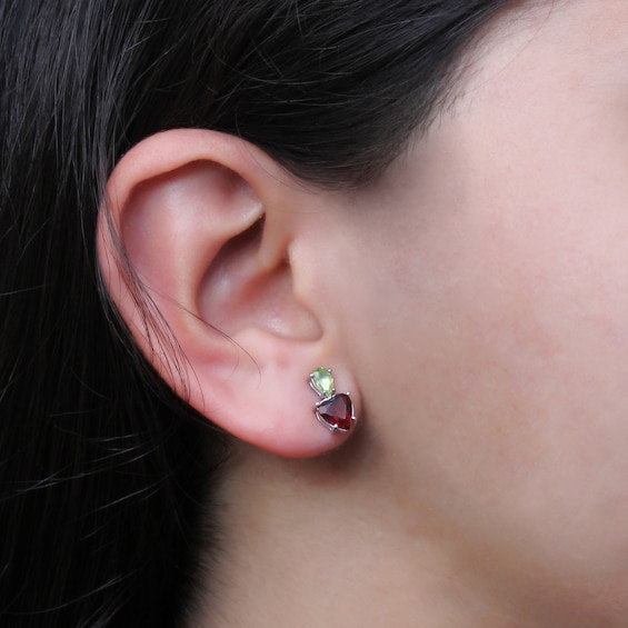 Heart-Shaped Garnet and Pear-Shaped Peridot Stacked Duo Drop Earrings in Sterling Silver