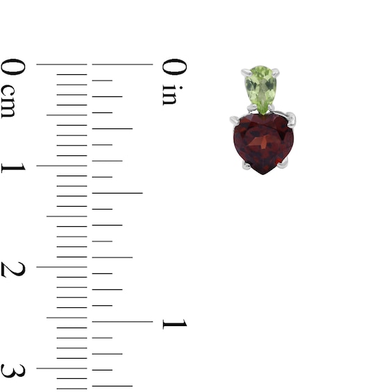 Heart-Shaped Garnet and Pear-Shaped Peridot Stacked Duo Drop Earrings in Sterling Silver