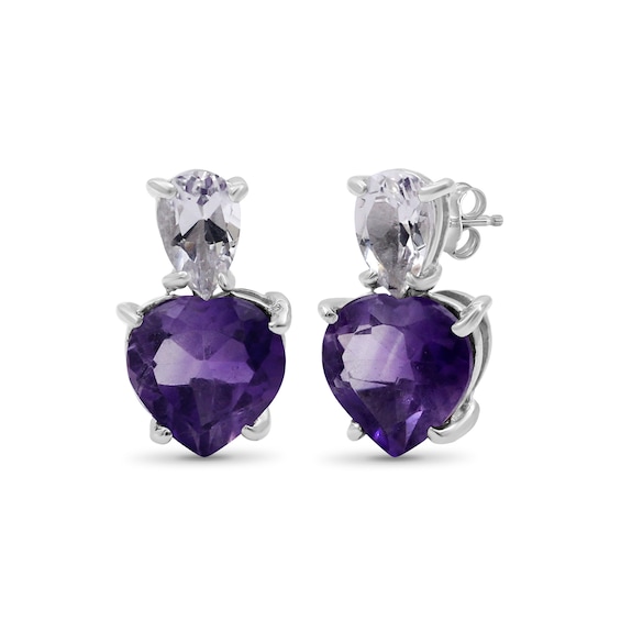 Heart-Shaped Amethyst and Pear-Shaped White Topaz Stacked Duo Drop Earrings in Sterling Silver