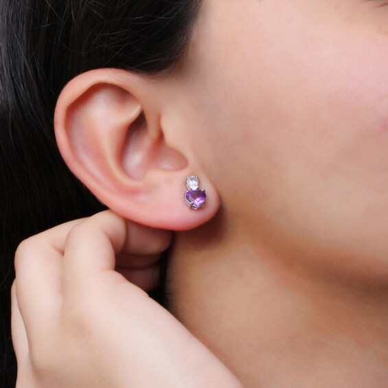 Heart-Shaped Amethyst and Pear-Shaped White Topaz Stacked Duo Drop Earrings in Sterling Silver