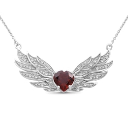 8.0mm Heart-Shaped Garnet and White Topaz Angel Wings Necklace in Sterling Silver