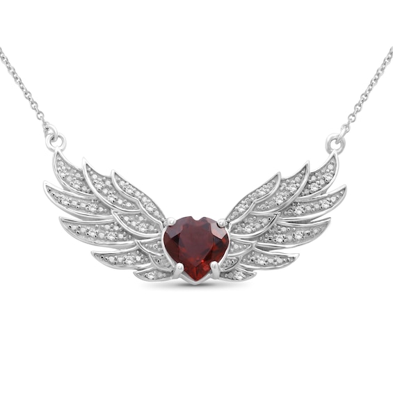 8.0mm Heart-Shaped Garnet and White Topaz Angel Wings Necklace in Sterling Silver