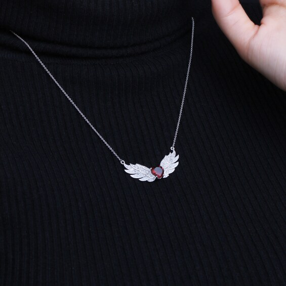 8.0mm Heart-Shaped Garnet and White Topaz Angel Wings Necklace in Sterling Silver