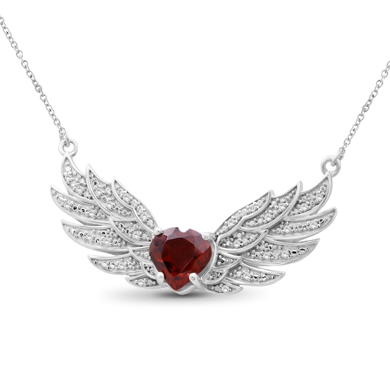 8.0mm Heart-Shaped Garnet and White Topaz Angel Wings Necklace in Sterling Silver