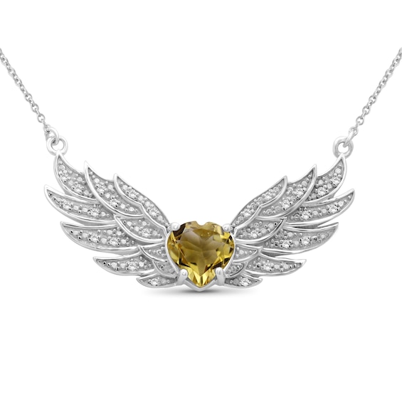 8.0mm Heart-Shaped Citrine and White Topaz Angel Wings Necklace in Sterling Silver