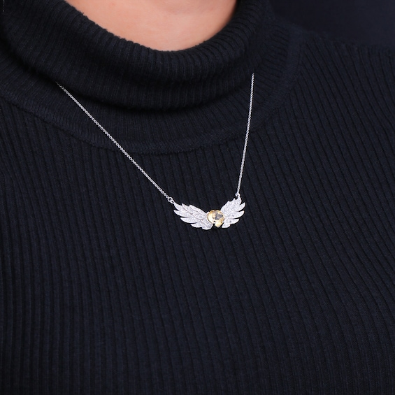 8.0mm Heart-Shaped Citrine and White Topaz Angel Wings Necklace in Sterling Silver