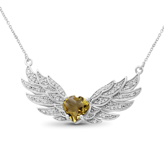 8.0mm Heart-Shaped Citrine and White Topaz Angel Wings Necklace in Sterling Silver