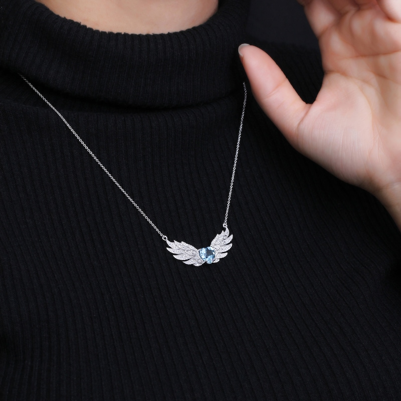 Main Image 2 of 8.0mm Heart-Shaped Blue and White Topaz Angel Wings Necklace in Sterling Silver