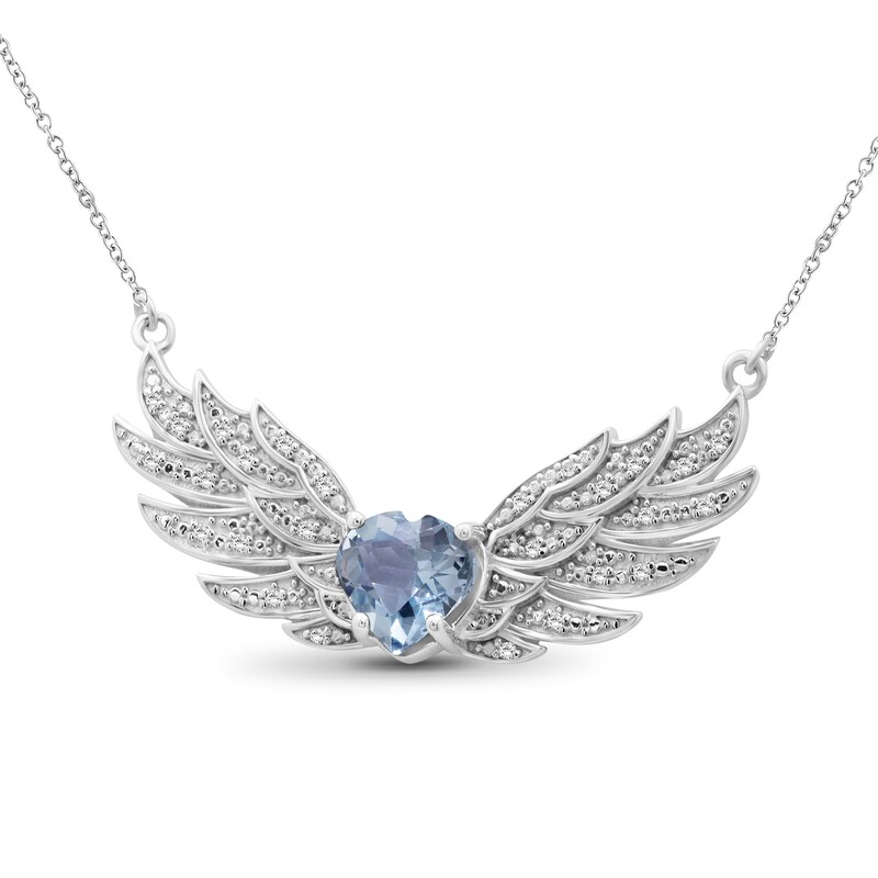 Main Image 3 of 8.0mm Heart-Shaped Blue and White Topaz Angel Wings Necklace in Sterling Silver