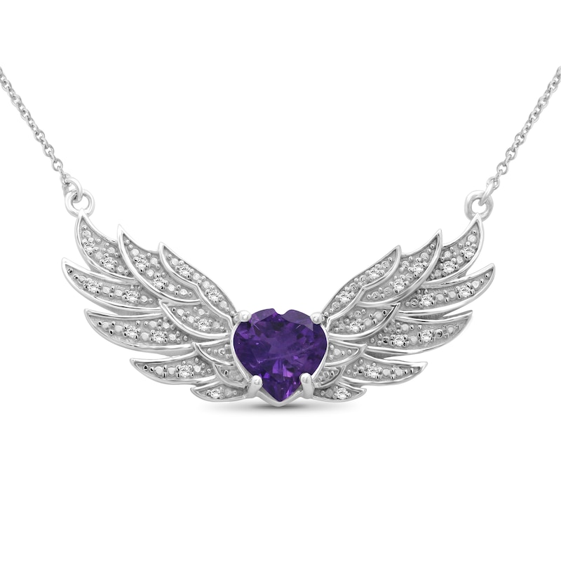 Main Image 1 of 8.0mm Heart-Shaped Amethyst and White Topaz Angel Wings Necklace in Sterling Silver