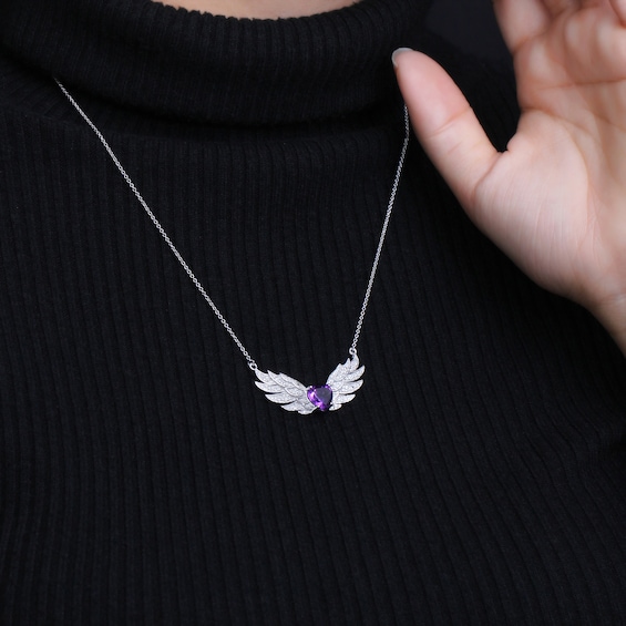 8.0mm Heart-Shaped Amethyst and White Topaz Angel Wings Necklace in Sterling Silver
