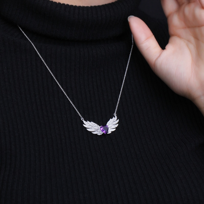 Main Image 2 of 8.0mm Heart-Shaped Amethyst and White Topaz Angel Wings Necklace in Sterling Silver