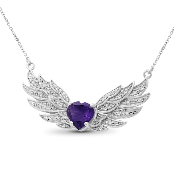 8.0mm Heart-Shaped Amethyst and White Topaz Angel Wings Necklace in Sterling Silver