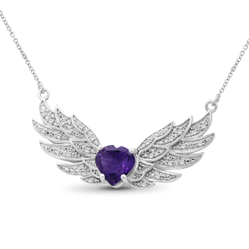 Main Image 3 of 8.0mm Heart-Shaped Amethyst and White Topaz Angel Wings Necklace in Sterling Silver