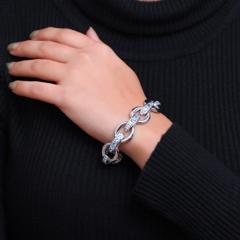 Main Image 2 of Graduated Blue Topaz Bold Interlocking Chain Link Line Bracelet in Sterling Silver
